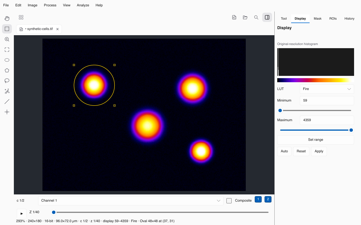 Oxel displaying a scientific image with a region selection and display controls