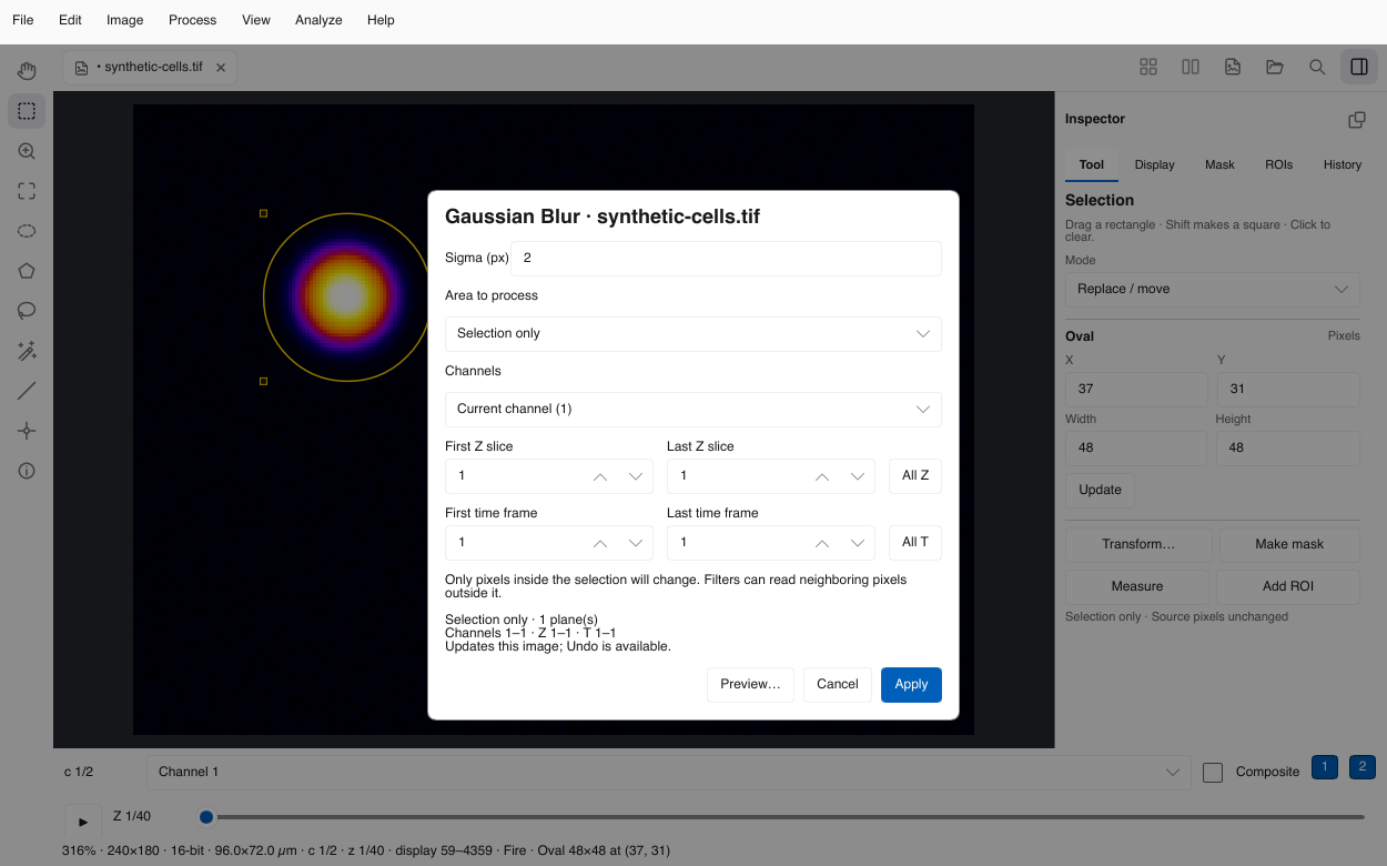 Gaussian Blur scope for synthetic demonstration data: selection only, current channel, one Z/time position. Review this summary before Apply.